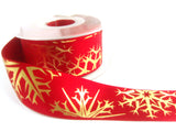 R6067 35mm Red Satin Ribbon with a Metallic Gold Snowflake Print