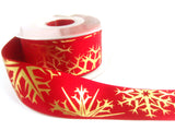 R6067 35mm Red Satin Ribbon with a Metallic Gold Snowflake Print