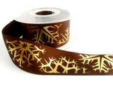 R6069 36mm Brown Satin Ribbon with a Metallic Gold Snowflake Print