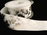 R6074 36mm White Satin Ribbon with a Metallic Silver Holly Print