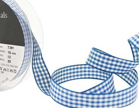 R6099 15mm Royal Blue-White Polyester Gingham Ribbon by Berisfords