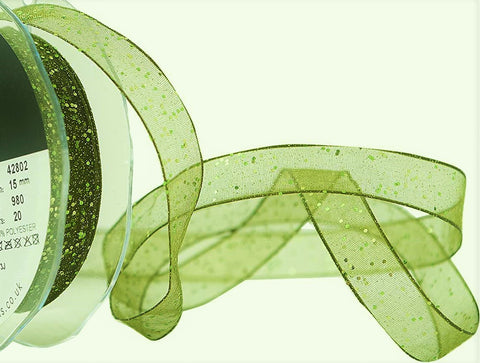 R6127 16mm Cypress Green Super Sheer Random Metallic Glitter Ribbon