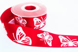 R6201 40mm Red Satin with White Embossed Butterfly Ribbon, Berisfords