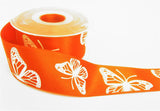 R6203 40mm Orange Satin-White Embossed Butterfly Ribbon, Berisfords