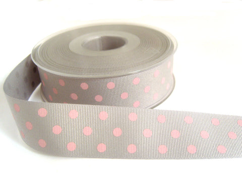 R6590 25mm Grey, Pink Polka Dot Polyester Grosgrain Ribbon by Berisfords