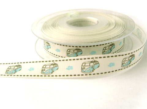 R6600 15mm Natural, Blue and Grey  VW Camper Van Printed Ribbon