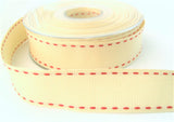 R6605 25mm Cream Grosgrain Ribbon with Red Gimp Stitch by Berisfords