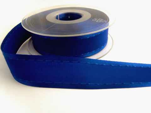 R6951 25mm Dark Royal Blue "Retro Stitch" Ribbon. Satin Borders,Taffeta Centre