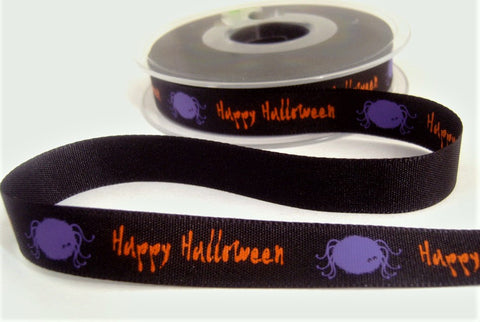 R6987 15mm Black-Purple-Orange Happy Halloween Spider Print Ribbon