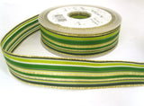 R7047C 25mm Greens and Gold Metallic, Solid and Sheer Striped Ribbon