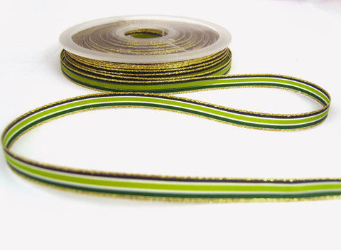 R7048C 8mm Greens and Gold Metallic, Solid and Sheer Striped Ribbon