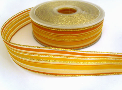 R7050 25mm Yellows, Cream and Gold Metallic, Solid and Sheer Striped Ribbon