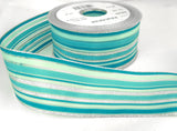 R7052 40mm Blues and Silver Metallic, Solid and Sheer Striped Ribbon
