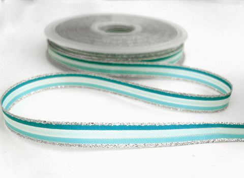 R7054C 8mm Blues and Silver Solid and Sheer Striped Ribbon