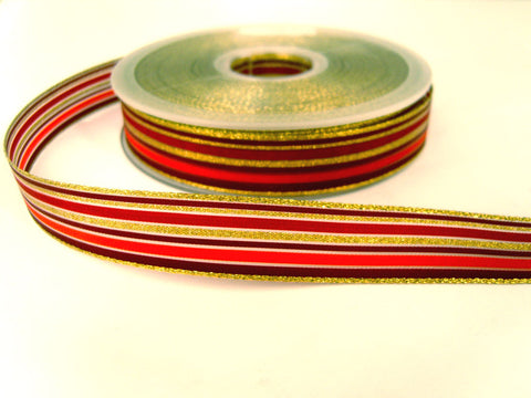 R7057C 16mm Burgundy,Red,Orange and Gold Solid and Sheer Striped Ribbon