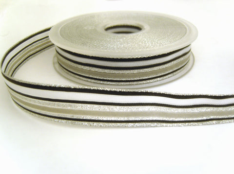 R7090C 16mm Silver,Black,White and Grey Solid and Sheer Striped Ribbon