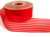 R7092 40mm Red Satin and Sheer Striped Ribbon by Berisfords