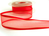 R7093 25mm Red Satin Edge Sheer Ribbon with Thin Gold Metallic Stripes