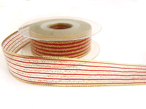 R7099 25mm Sheer Ribbon with Cardinal Red and Metallic Gold Stripes