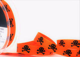 R7174 15mm Orange Cotton Feel Taffeta Ribbon Black Skull-Crossbones 