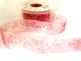 R7201 25mm Dusky Pink Sheer Ribbon, Burgundy Wild Rose Flower Design