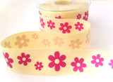R7205 30mm Printed Cream Cotton Tape Ribbon with a Pink Daisy Design