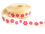 R7206 20mm Printed Cream Cotton Tape Ribbon with a Pink Daisy Design