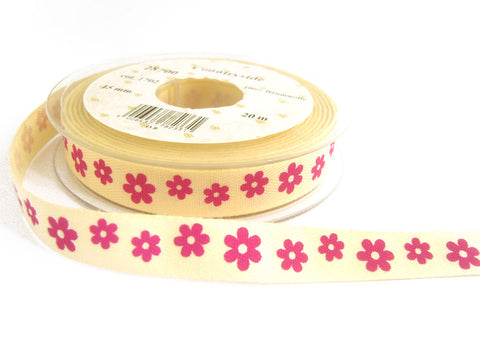 R7207 15mm Printed Cream Cotton Tape Ribbon with a Pink Daisy Design
