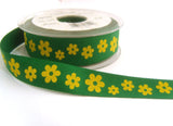 R7209 20mm Printed Green Cotton Tape Ribbon with a Yellow Daisy Design