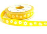 R7213 15mm Printed Yellow Cotton Tape Ribbon with a White Daisy Design