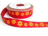 R7215 20mm Printed Red Cotton Tape Ribbon with a Orange Daisy Design
