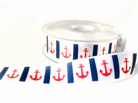 R7248 25mm White Satin Ribbon with a Printed Anchor Design