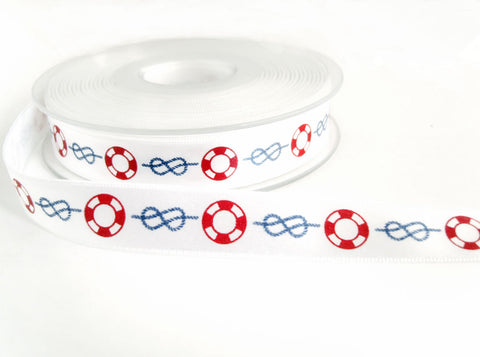R7254 16mm White Satin Ribbon with a Printed Nautical Themed Print