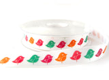 R7260 16mm White Satin Ribbon with a Multi Coloured Bird Print