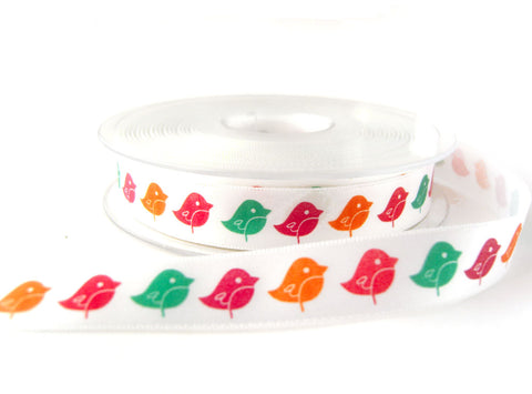 R7260 16mm White Satin Ribbon with a Multi Coloured Bird Print