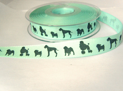 R7264 16mm Blue Rustic Taffeta Ribbon with Printed Black Dogs Design