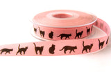 R7266 16mm Pink Rustic Taffeta Ribbon with Printed Black Cats Design