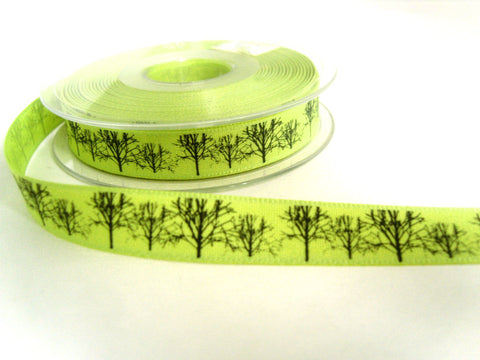 R7269 15mm Green Rustic Taffeta Ribbon, Printed Black Woodland Design