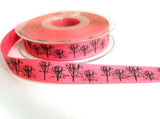 R7274 15mm Pink Rustic Taffeta Ribbon, Printed Black Woodland Design