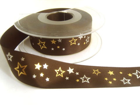 R7352 25mm Brown, Gold and Silver Star Design Ribbon by Berisfords