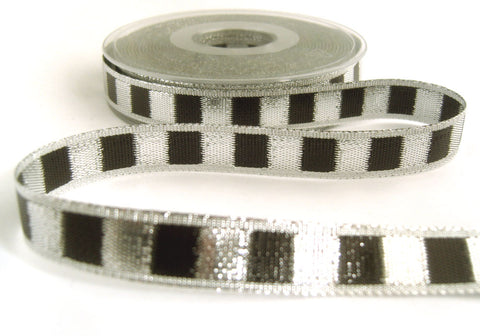 R7398 15mm Metallic Black and Silver Thick Woven Ribbon by Berisfords