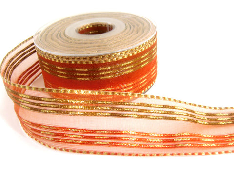 R7400 40mm Brown and Rust Stripes and Sheer Ribbon, Woven Gold Lurex.