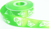R7405 27mm Green Satin with White Embossed Butterfly Ribbon, Berisfords