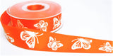 R7414 27mm Orange Satin with White Embossed Butterfly Ribbon, Berisfords
