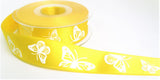 R7419 27mm Yellow Satin-White Embossed Butterfly Ribbon by Berisfords