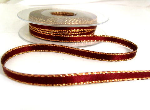 R7431 7mm Burgundy Double Faced Satin Ribbon, Metallic Gold Edge