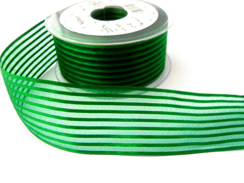 R7451 40mm Bottle Green Satin and Sheer Stripe Ribbon by Berisfords
