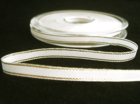 R7524 7mm White Polyester Ribbon with Thin Metallic Silver Stripes