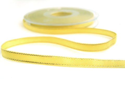 R7526 7mm Primrose Polyester Ribbon with Thin Metallic Gold Stripes
