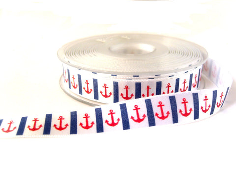 R7729 16mm White Satin Ribbon with a Nautical Anchor Print